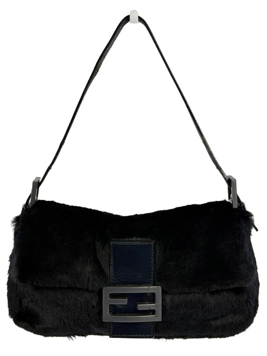 Fendi Vintage Black Rabbit Fur Shoulder Baguette Bag