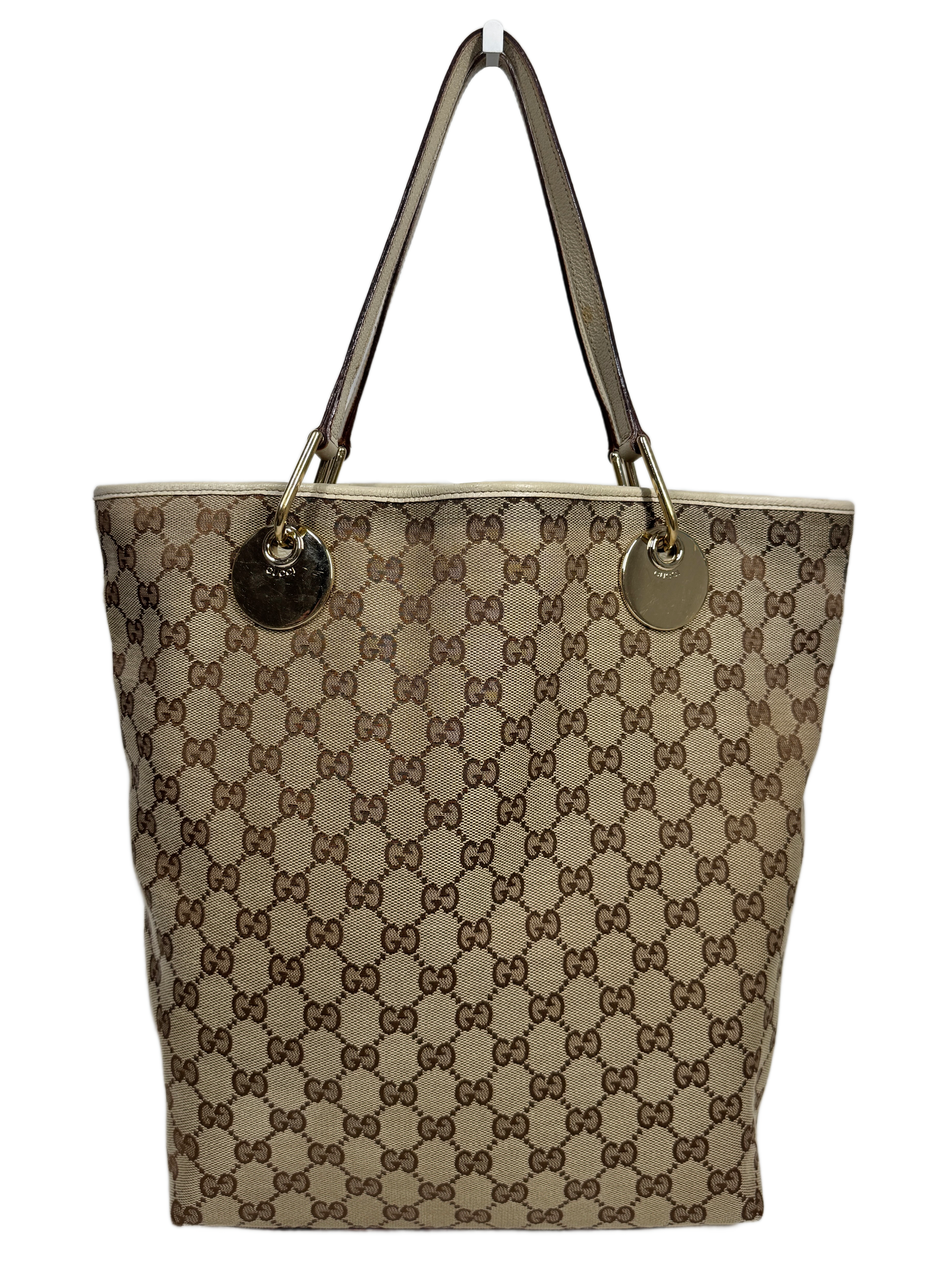 Gucci Vintage Brown GG Monogram Canvas Large Eclipse Bucket Shoulder Tote Bag with Ivory Leather Trim