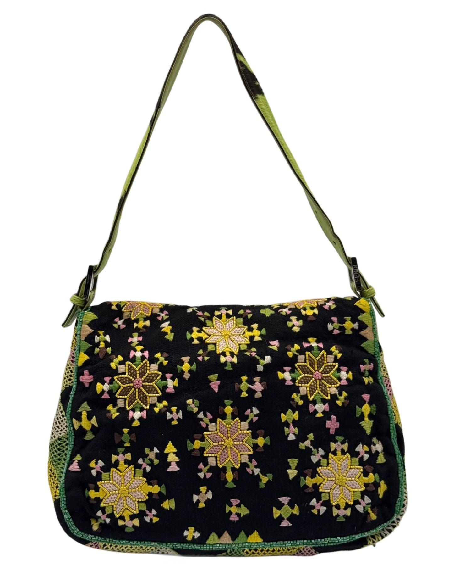 Fendi Vintage Black Knit Beaded Embroidered Aztec Print Mamma Baguette Shoulder Bag with Green Cow Print Pony Hair Trim