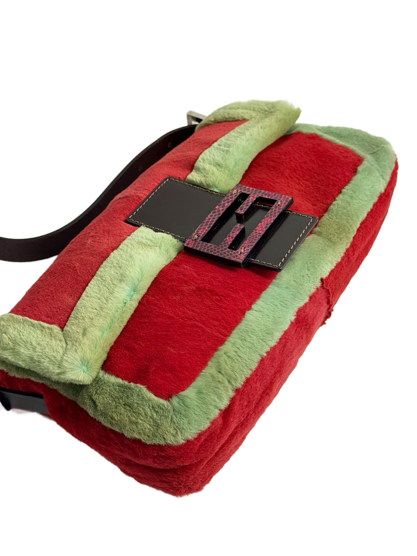 Fendi Vintage Red & Green Rabbit Fur Lizard Trim Shoulder Baguette Bag