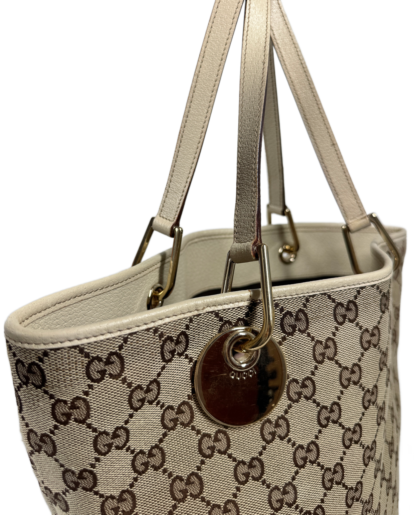 Gucci Vintage Brown GG Monogram Canvas Large Eclipse Bucket Shoulder Tote Bag with Ivory Leather Trim