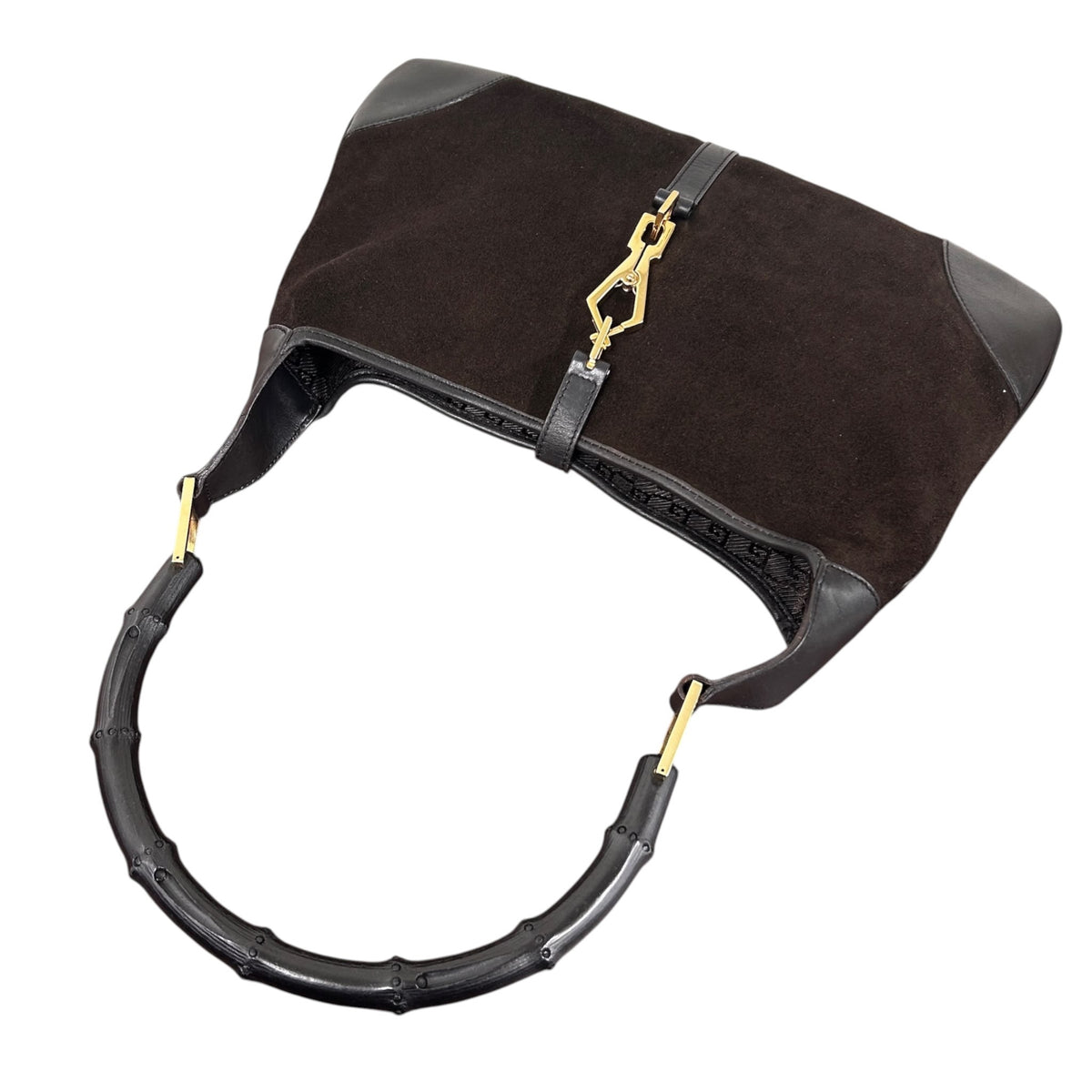 Gucci Vintage Dark Brown Suede Leather Trim Small Jackie Bamboo Handle Shoulder Bag