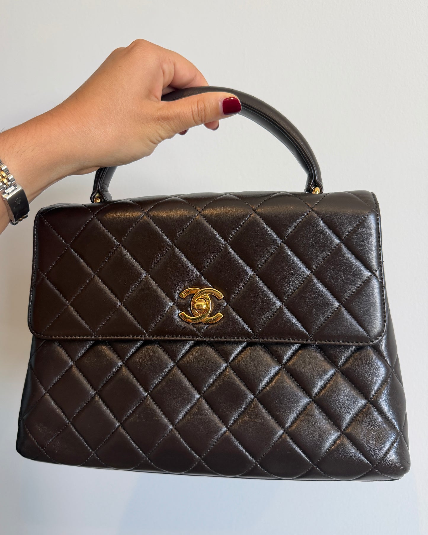Chanel Vintage 90s Dark Brown Quilted Lambskin Small Kelly Top Handle Flap Bag with 24K Gold Plated Hardware - Spa Treated