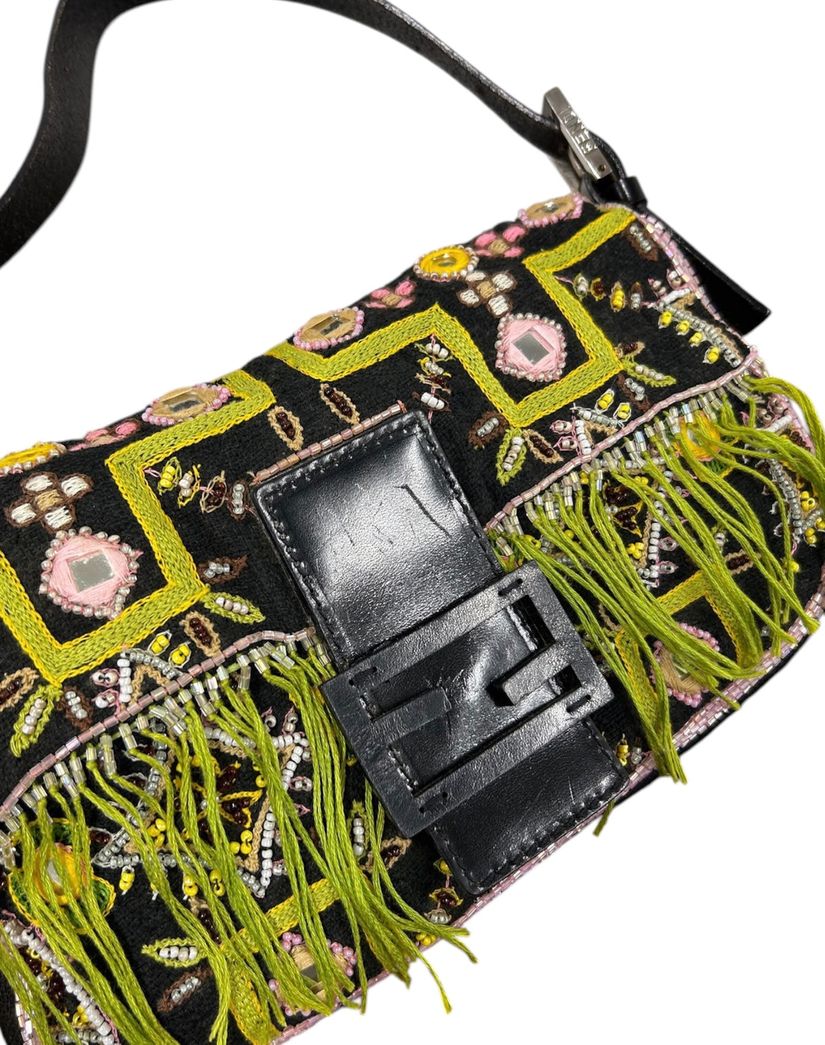 Fendi Vintage Black Knit Embroidered Pink Beaded Green Fringe Embellished Shoulder Baguette Bag