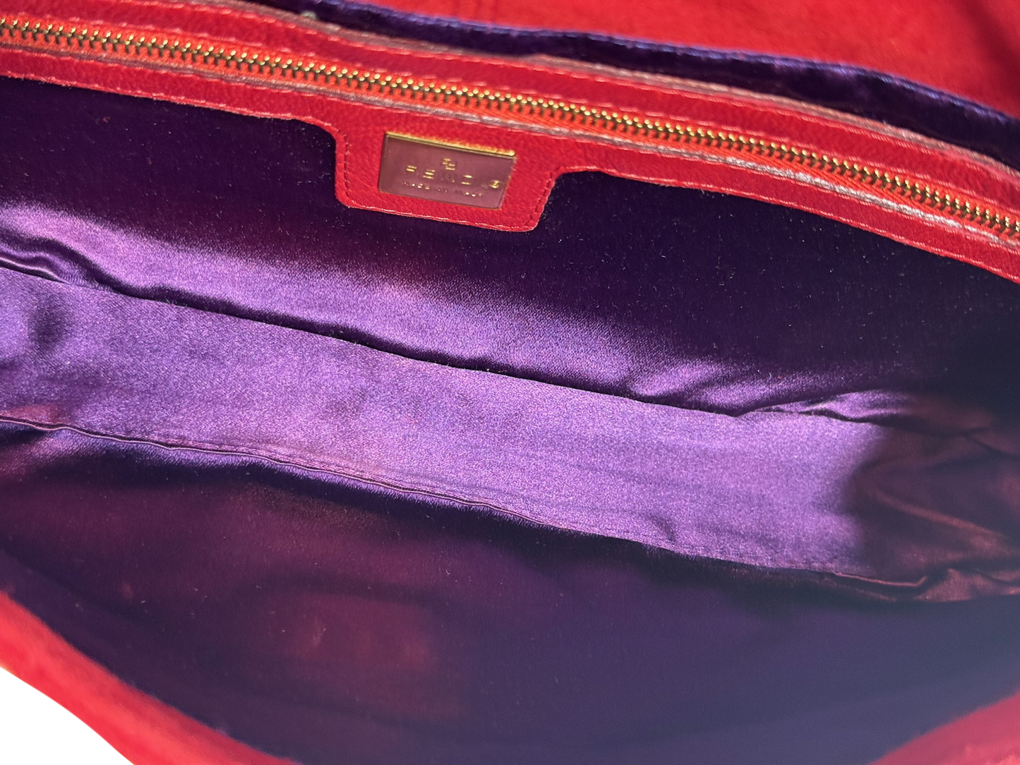Fendi Vintage Red Suede Purple Glitter Logo Shoulder Baguette Bag