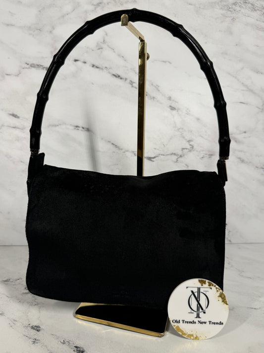 Gucci Vintage Black Suede Bamboo Top Handle Bag