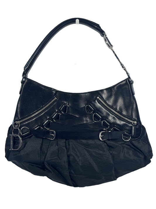 Dior Vintage 2004 Black Leather & Nylon Corset Ballet Ballerina Shoulder Bag