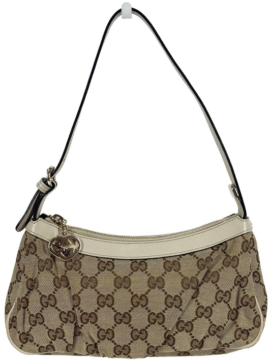 Gucci Vintage Brown GG Monogram Heart Charm Ivory Leather Trim Pochette