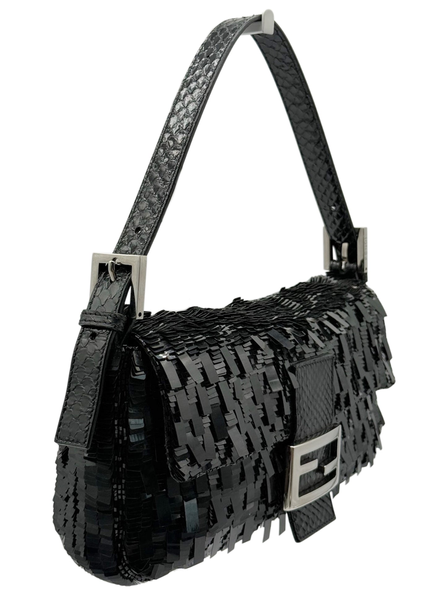 Fendi Vintage Black Palilettes Sequin & Beaded Shoulder Baguette Bag with Snakeskin Trim