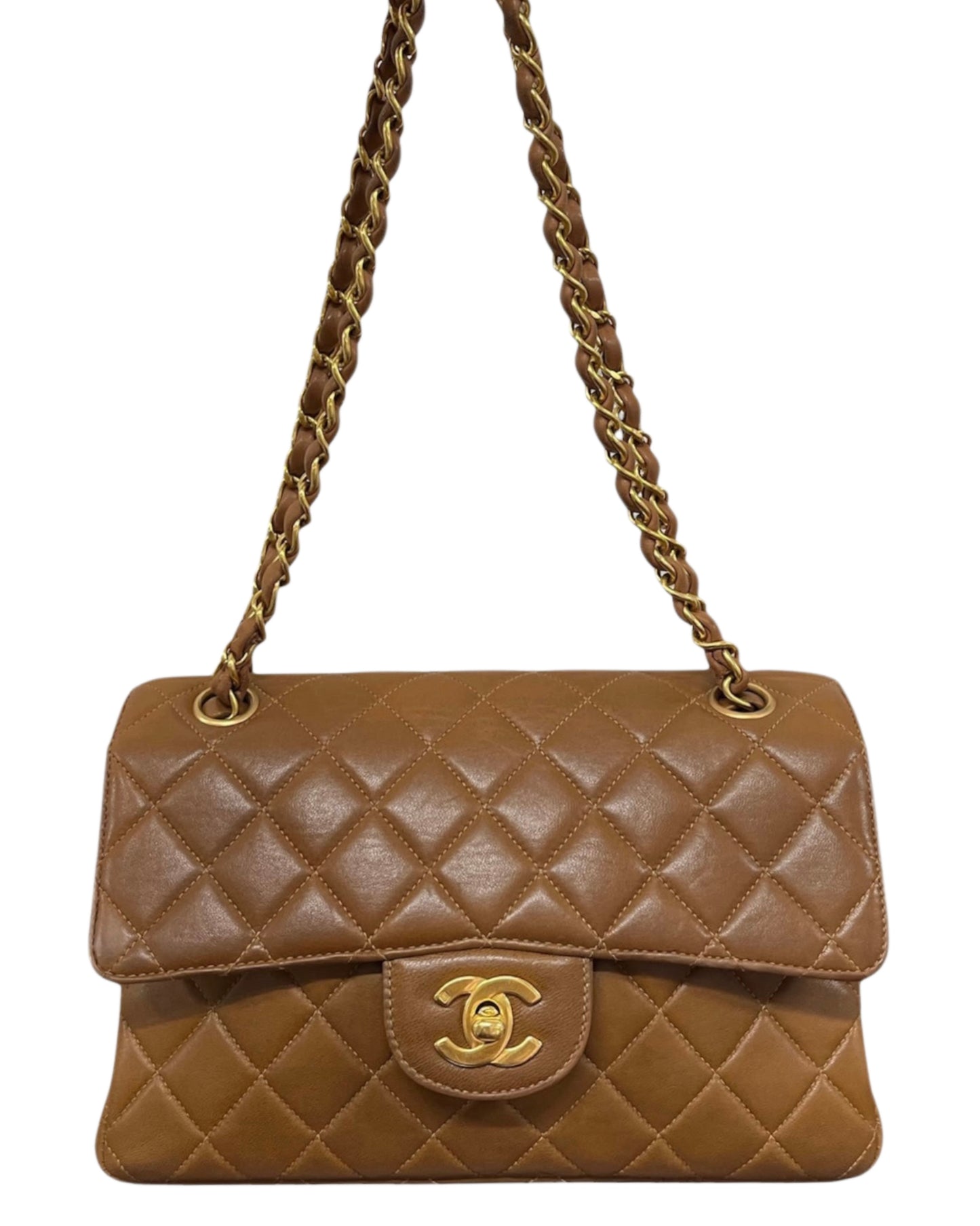 Chanel Vintage 90s Light Brown Quilted Lambskin Small Two-Faced Double Sided Classic Flap Bag with 24K Gold Plated Hardware 