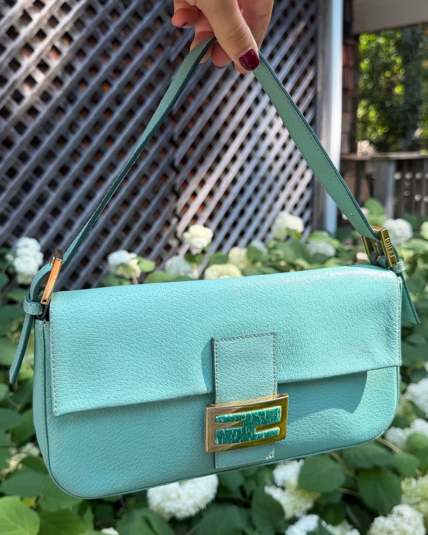 Fendi Vintage Blue Pebbled Leather Quartz Logo Shoulder Baguette Bag