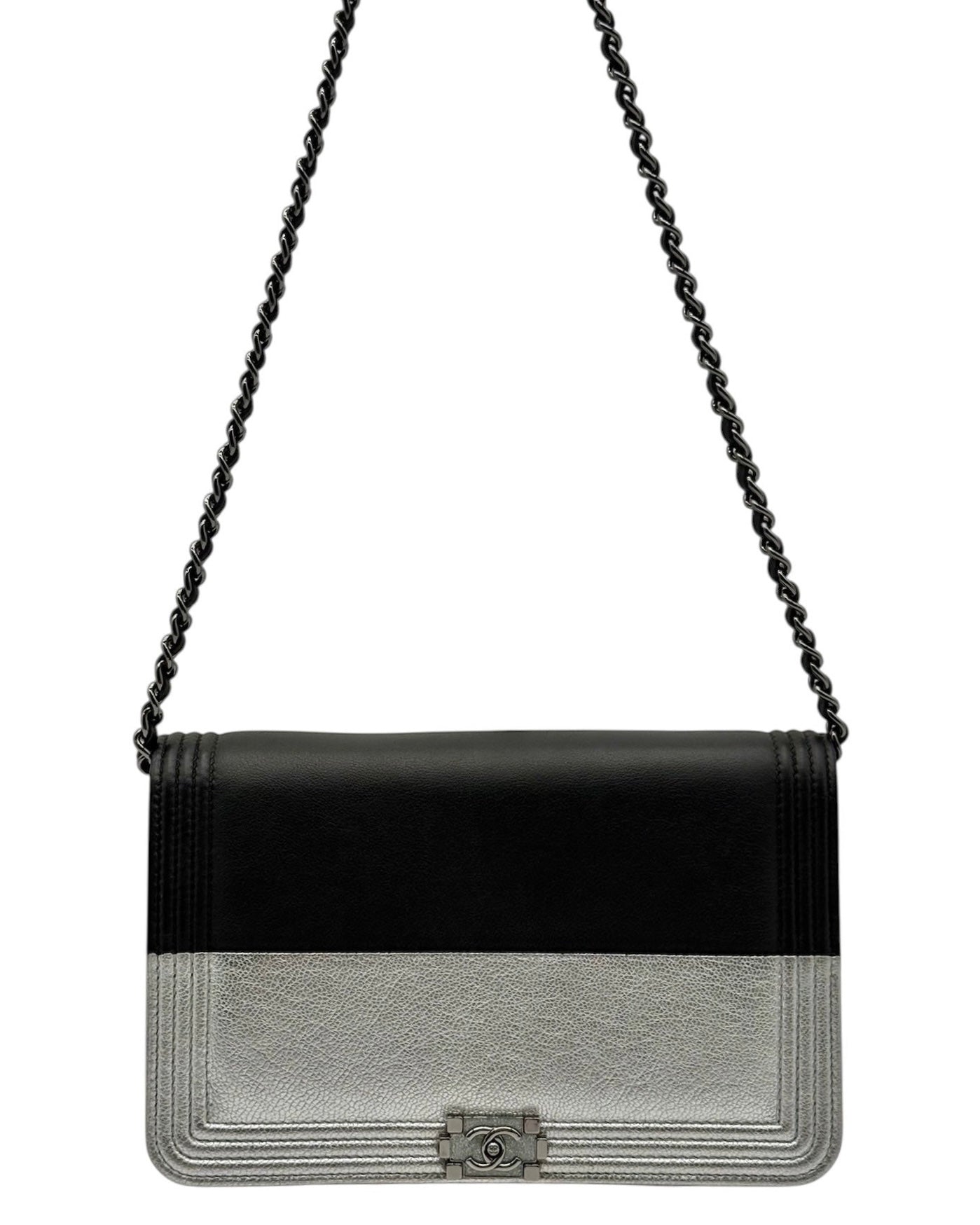 Chanel Black & Metallic Silver Lambskin Two-Toned Boy Wallet on Chain Bag