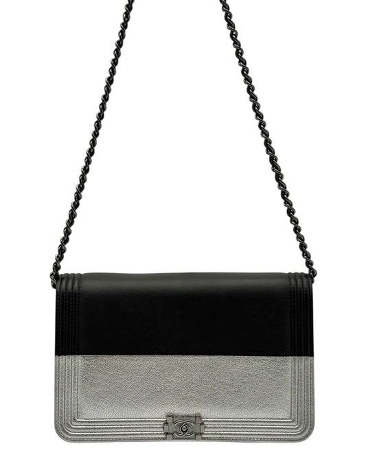 Chanel Black & Metallic Silver Lambskin Two-Toned Boy Wallet on Chain Bag