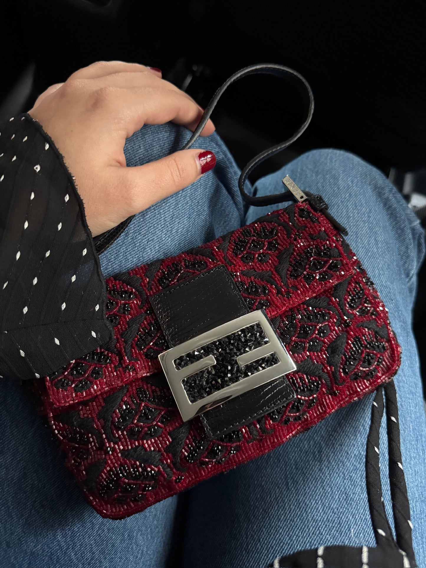 Fendi Vintage Red & Black Beaded Lizard Trim Crystal Embellished Mini Baguette Bag