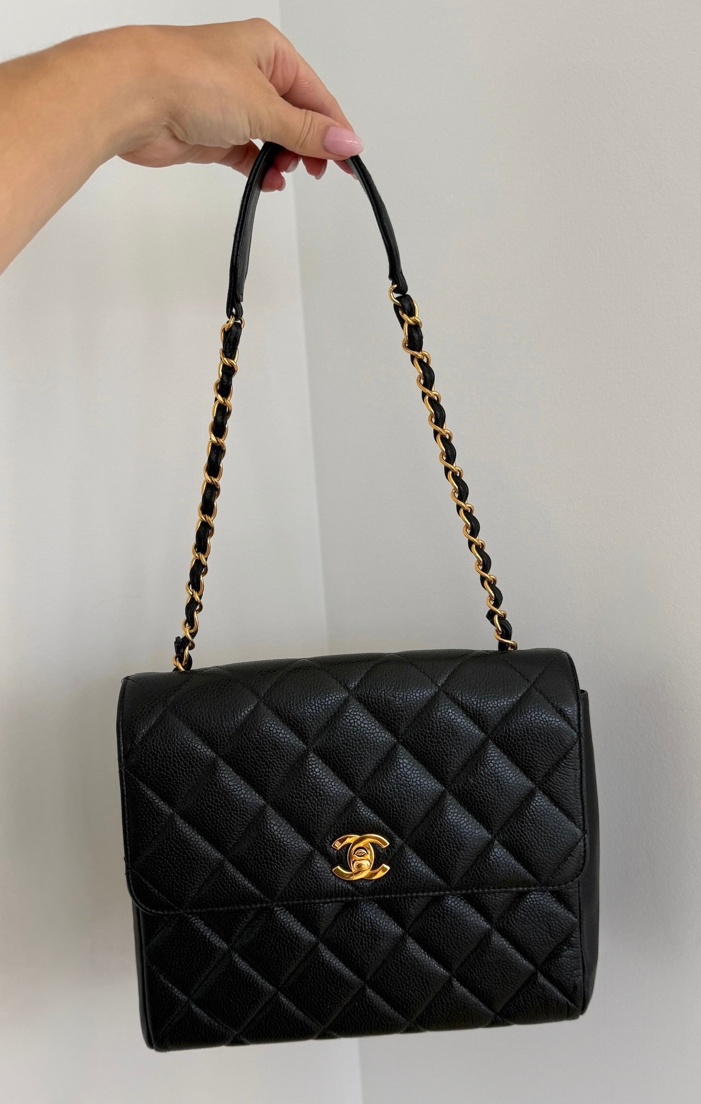 Chanel Vintage 90s Black Quilted Caviar Leather Medium Square Flap Shoulder Bag with 24K GPHW