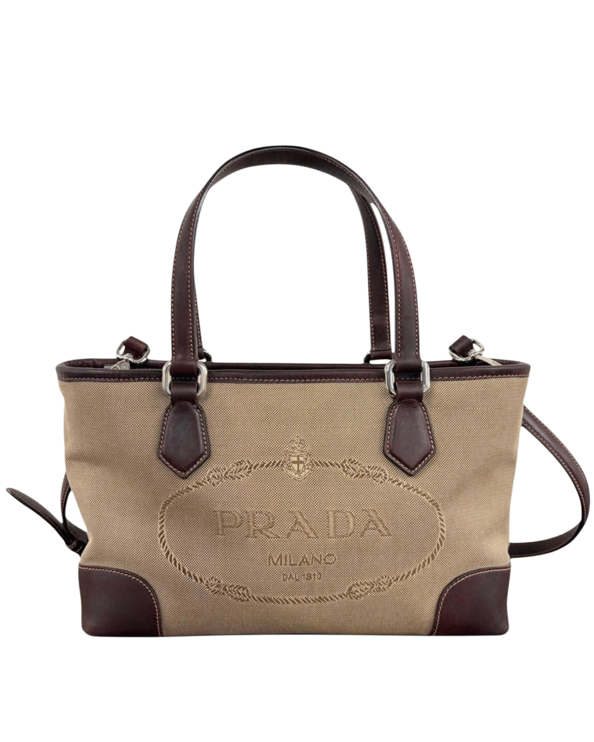 Prada Vintage 2006 Brown Jacquard Canvas Small Two-Way Shoulder Tote & Crossbody Bag