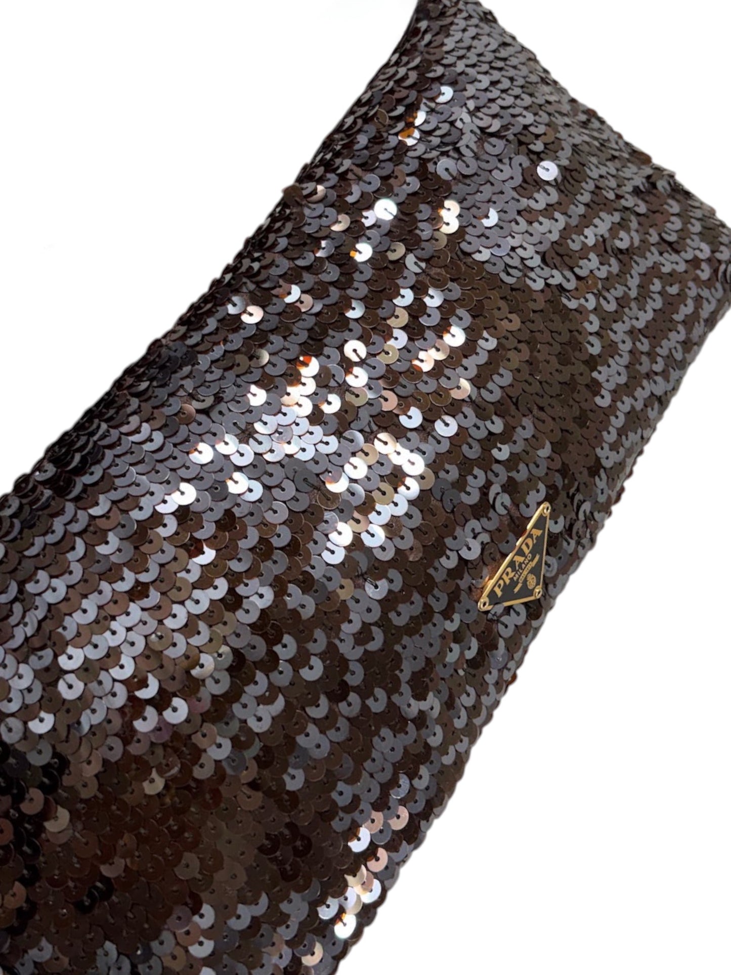 Prada Vintage Metallic Brown Sequin Small Shoulder Evening Pochette Bag