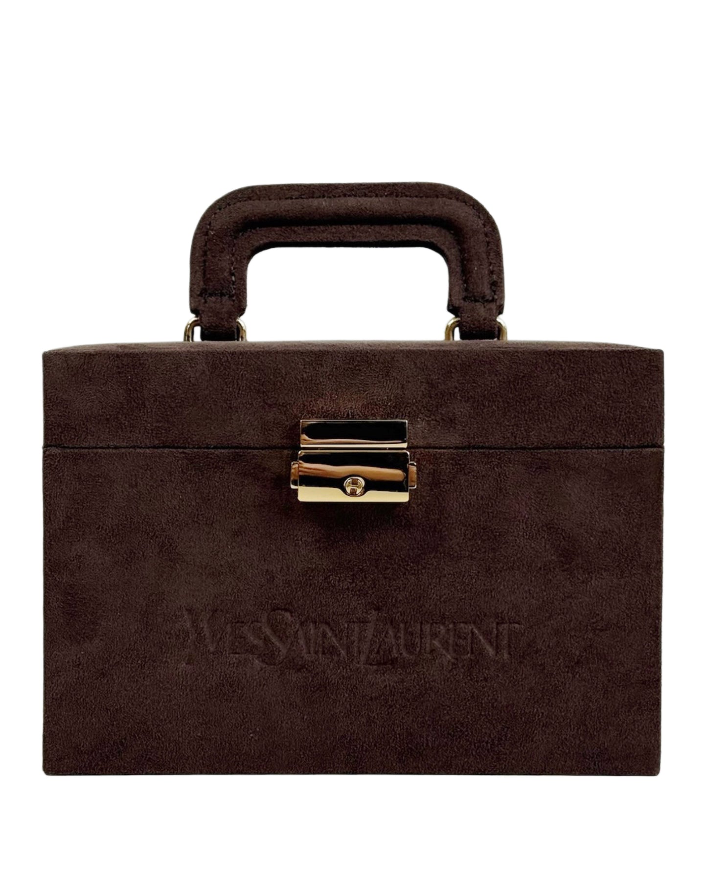 YSL / Yves Saint Laurent Vintage Brown Suede Mini Trunk Vanity Jewelry Case Box