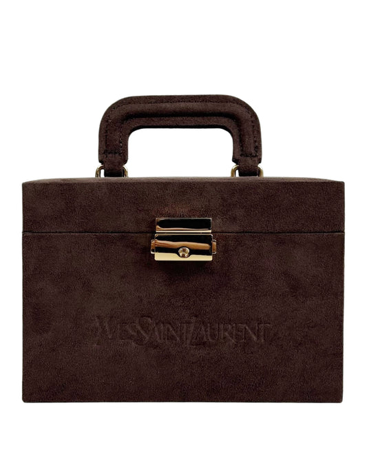 YSL / Yves Saint Laurent Vintage Brown Suede Mini Trunk Vanity Jewelry Case Box