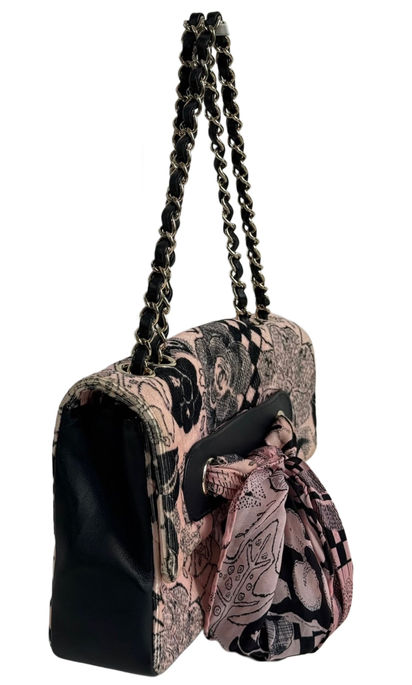 Chanel Pink & Black Corduroy CC Logo Camellia Motif Satin Bow Small Shoulder Classic Flap Bag