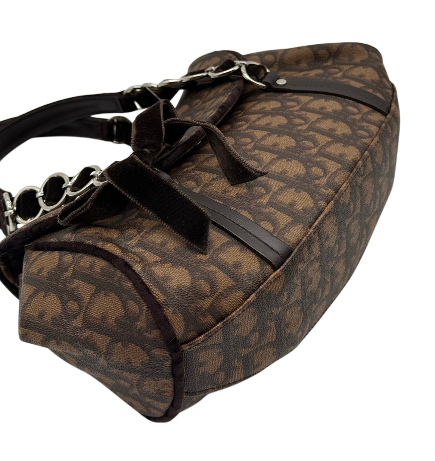 Dior Vintage 2005 Brown Diorissimo Monogram Canvas Small Romantique Velvet Bow Top Handle Bag