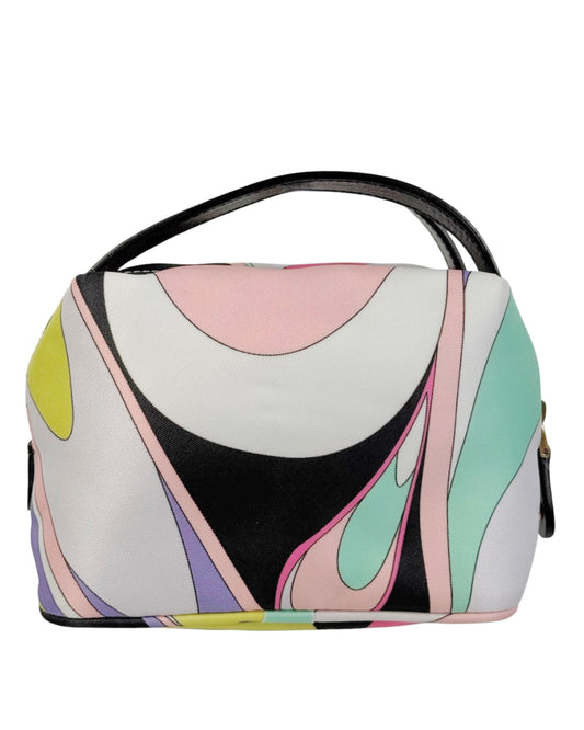 Emilio Pucci Multicolor Nylon Mini Top Handle Cosmetic Pouch Bag w Black Leather Trim