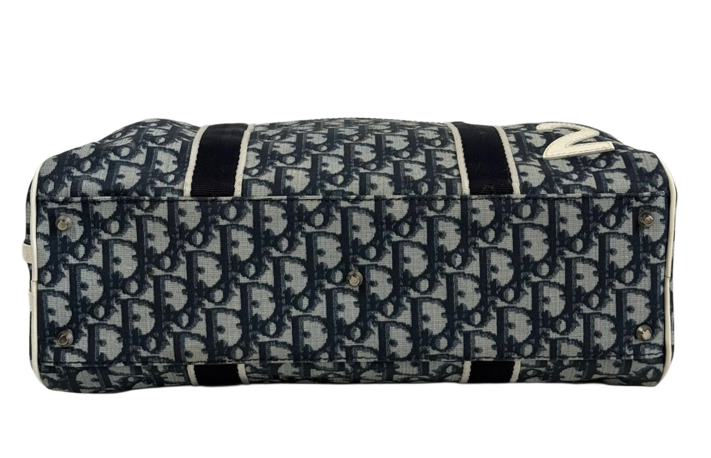 Dior Vintage 2001 Blue Trotter Monogram White Patent Trim Small Boston Shoulder Duffle Bag