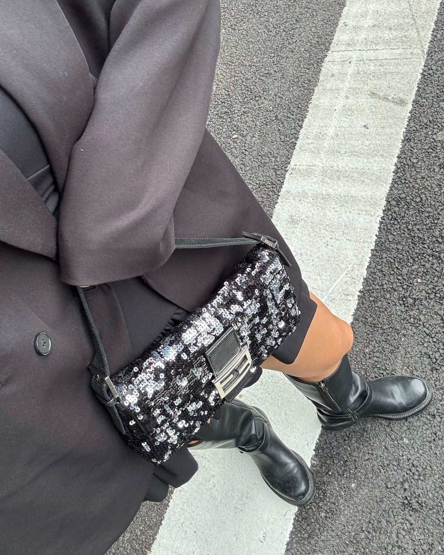 Fendi Vintage Black & Silver Sequin Zucca Monogram Shoulder Baguette Bag w Lizard Trim