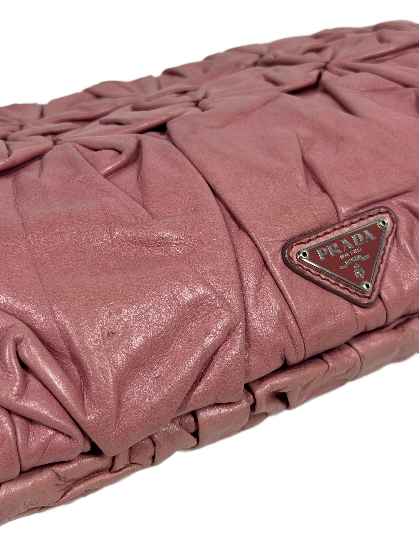 Prada Vintage Pink Calfskin Leather Diamond Pleated Floral Clutch