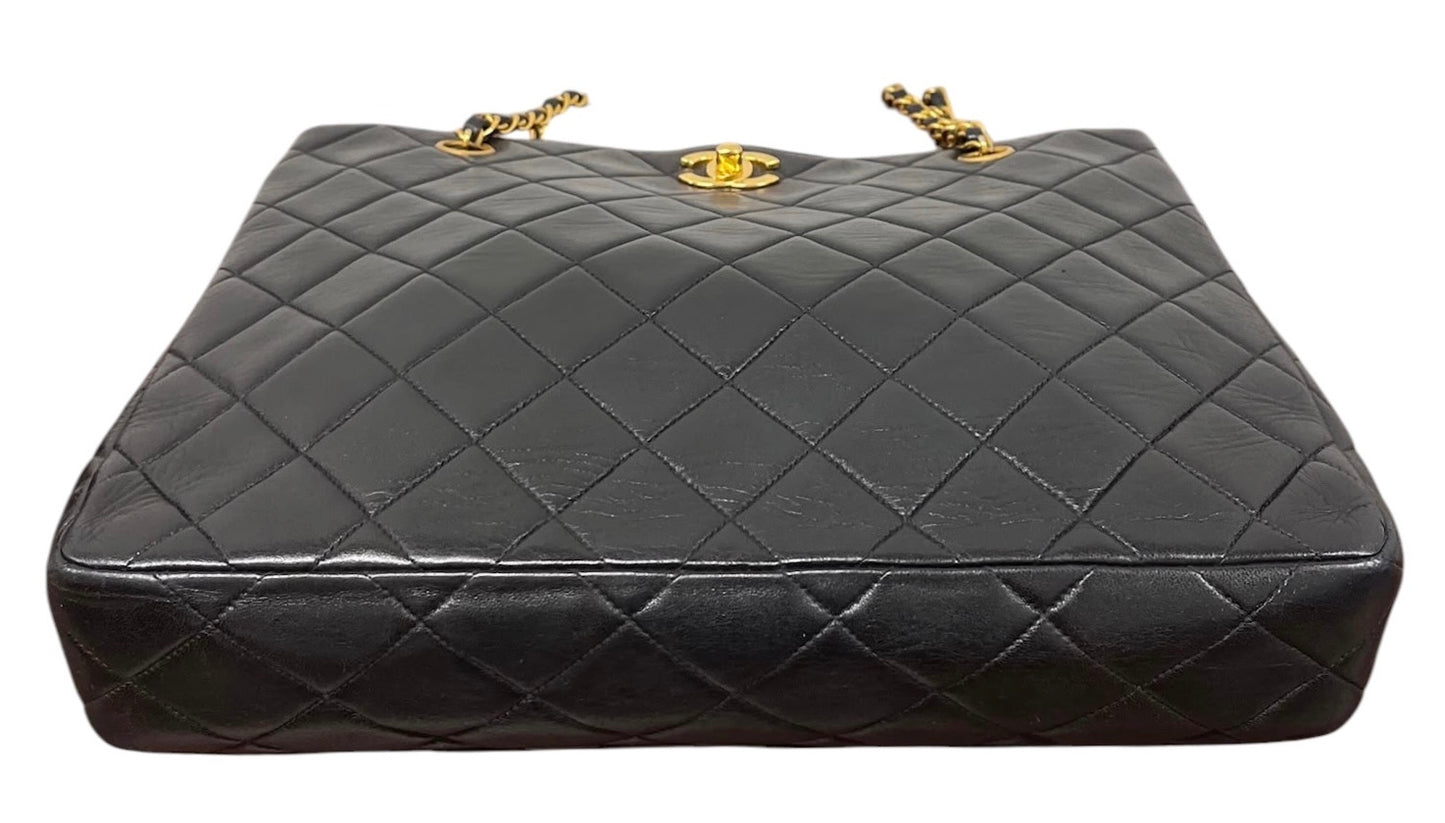 Chanel Vintage 90s Black Quilted Lambskin Classic Turnlock Shoulder Tote Bag with 24K Gold Plated Hardware