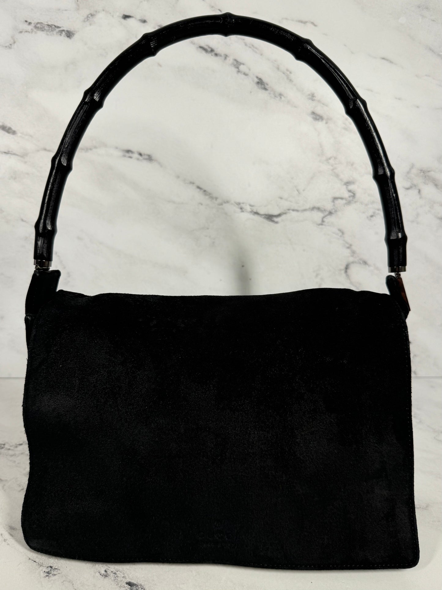 Gucci Vintage Black Suede Bamboo Top Handle Bag