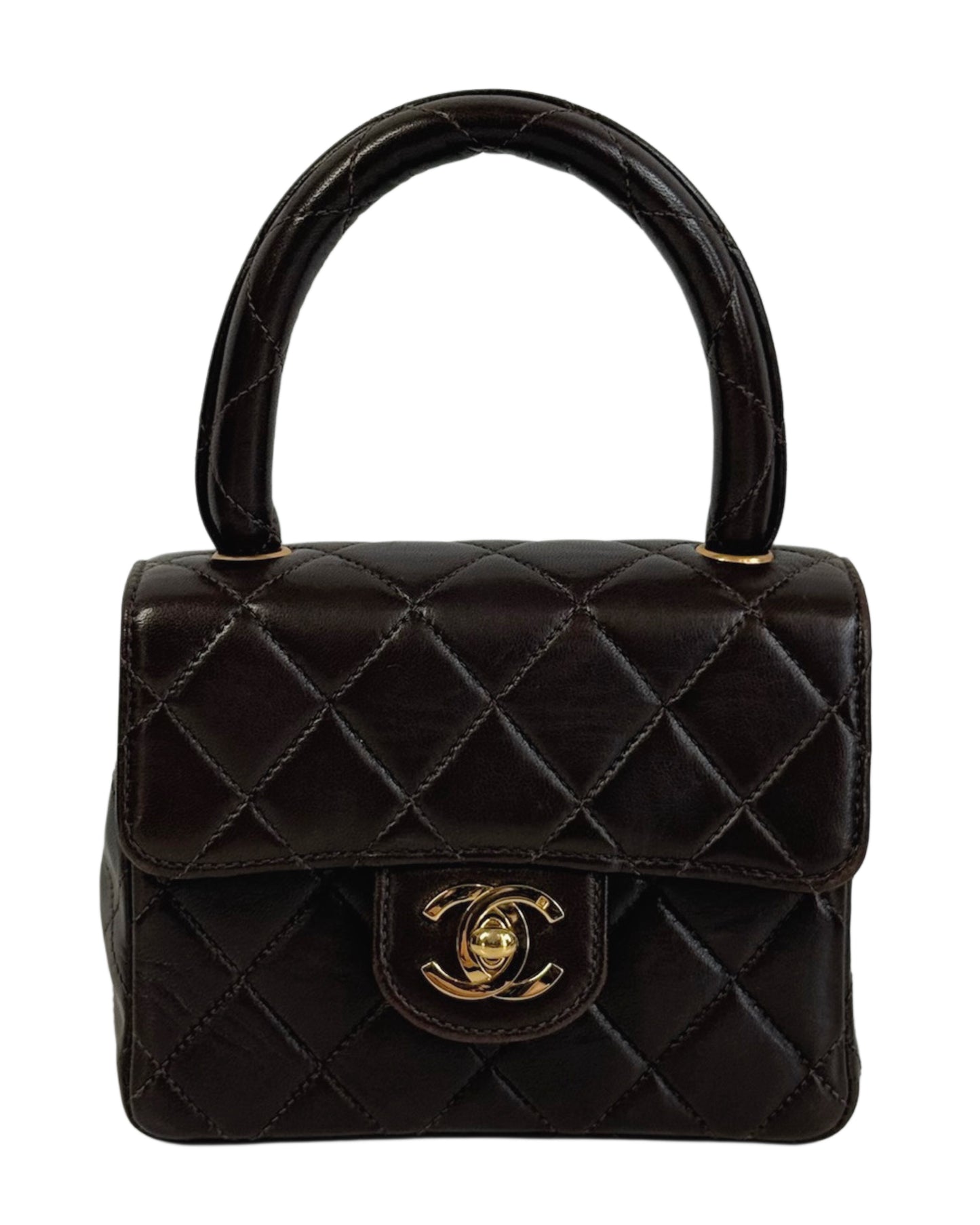 Chanel Vintage 90s Chocolate Brown Quilted Lambskin Mini Parent Child Square Kelly Classic Flap Top Handle Bag w 24K GPHW