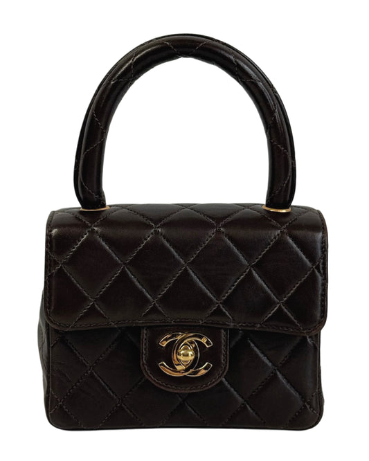 Chanel Vintage 90s Chocolate Brown Quilted Lambskin Mini Parent Child Square Kelly Classic Flap Top Handle Bag w 24K GPHW