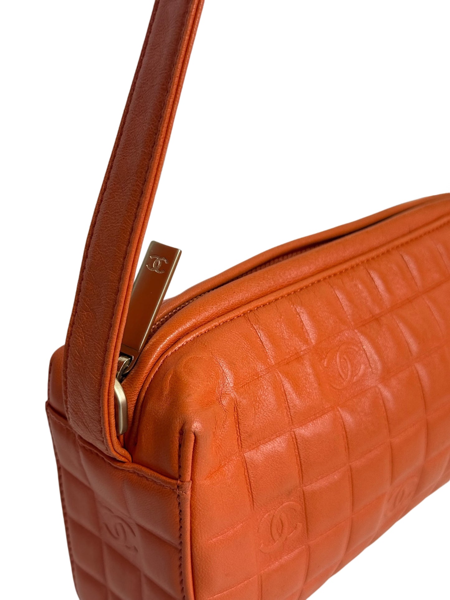 Chanel Vintage 2003 Orange Lambskin Chocolate Bar Quilted Shoulder Pochette Bag