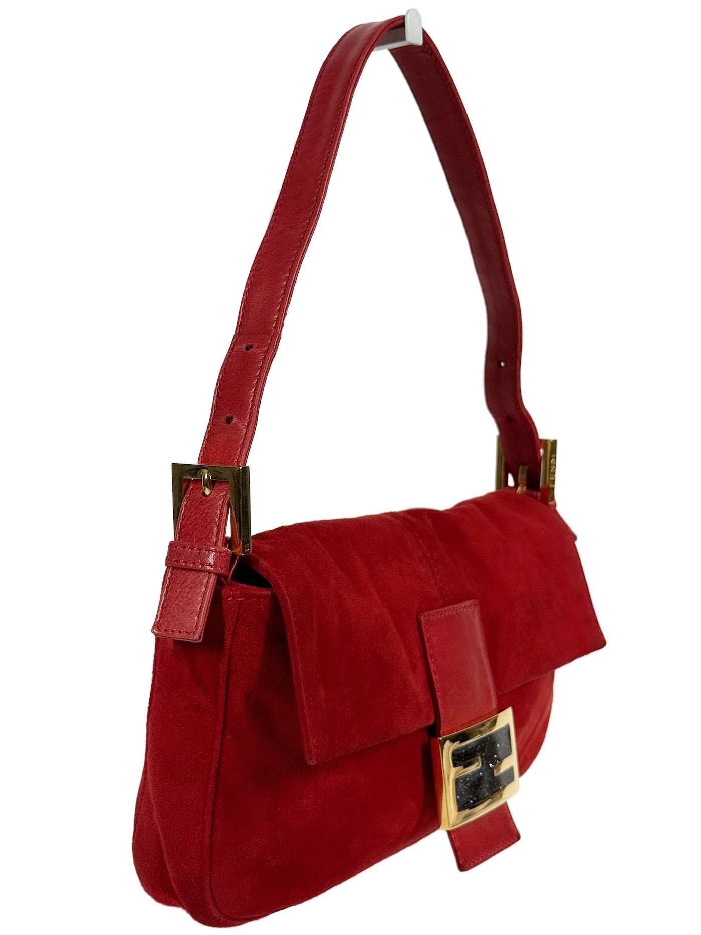 Fendi Vintage Red Suede Purple Glitter Logo Shoulder Baguette Bag