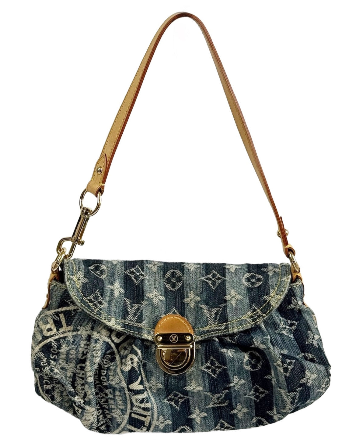 Louis Vuitton Vintage 2006 Raye Blue Striped Denim Monogram Mini Pleaty Shoulder Pochette Bag
