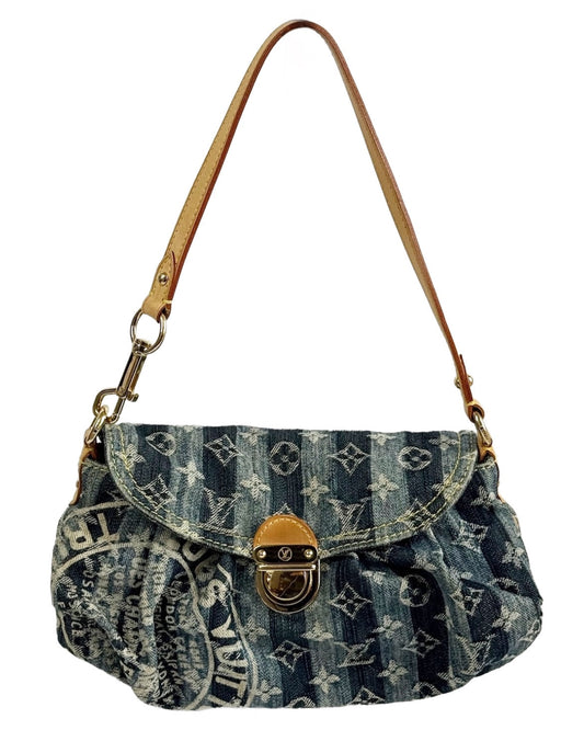 Louis Vuitton Vintage 2006 Raye Blue Striped Denim Monogram Mini Pleaty Shoulder Pochette Bag