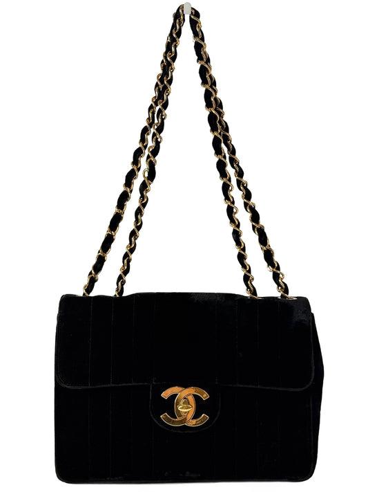 Chanel Vintage 90s Black Velour Velvet Quilted Jumbo Maxi CC Flap Bag w 24K GPHW