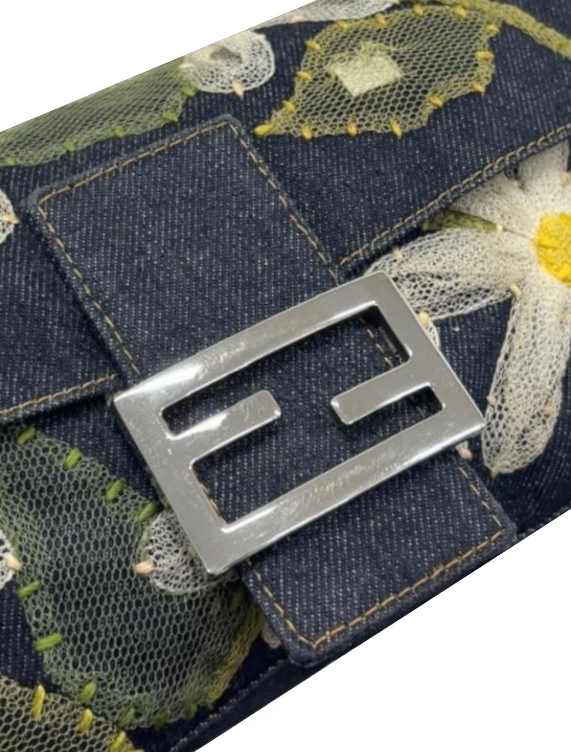 Fendi Vintage Blue Denim Mesh Tulle Daisy Floral Mirror Embellished Shoulder Baguette Bag