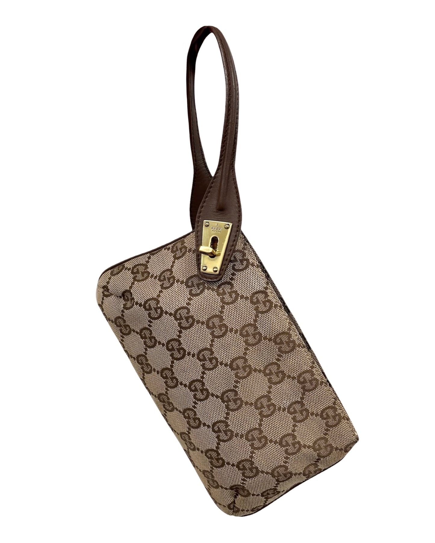 Gucci Vintage Brown GG Monogram Turnlock Wristlet Clutch 