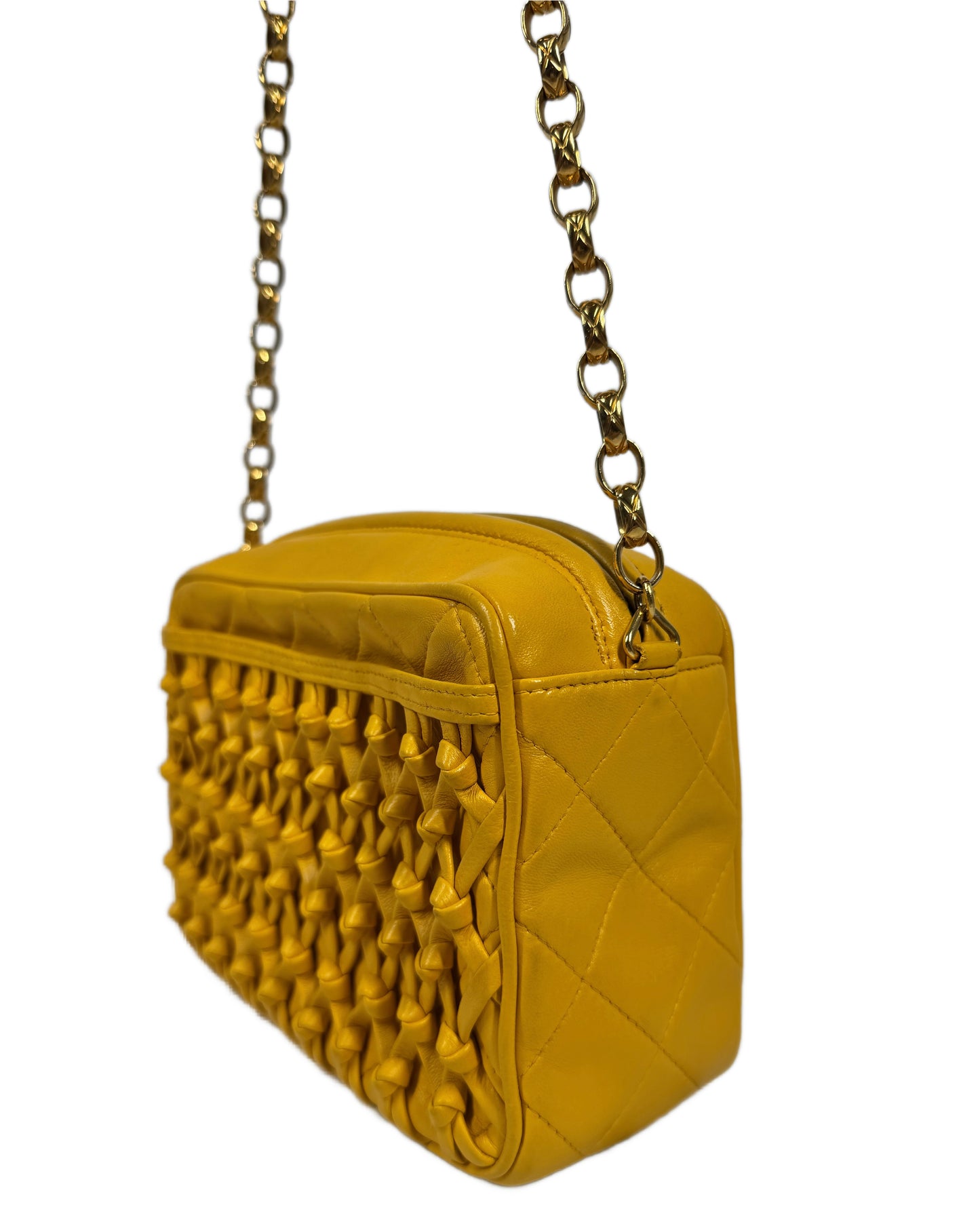 Chanel Vintage 90s Yellow Gold Knotted Quilted Lambskin Tassel Camera Shoulder Crossbody Bag