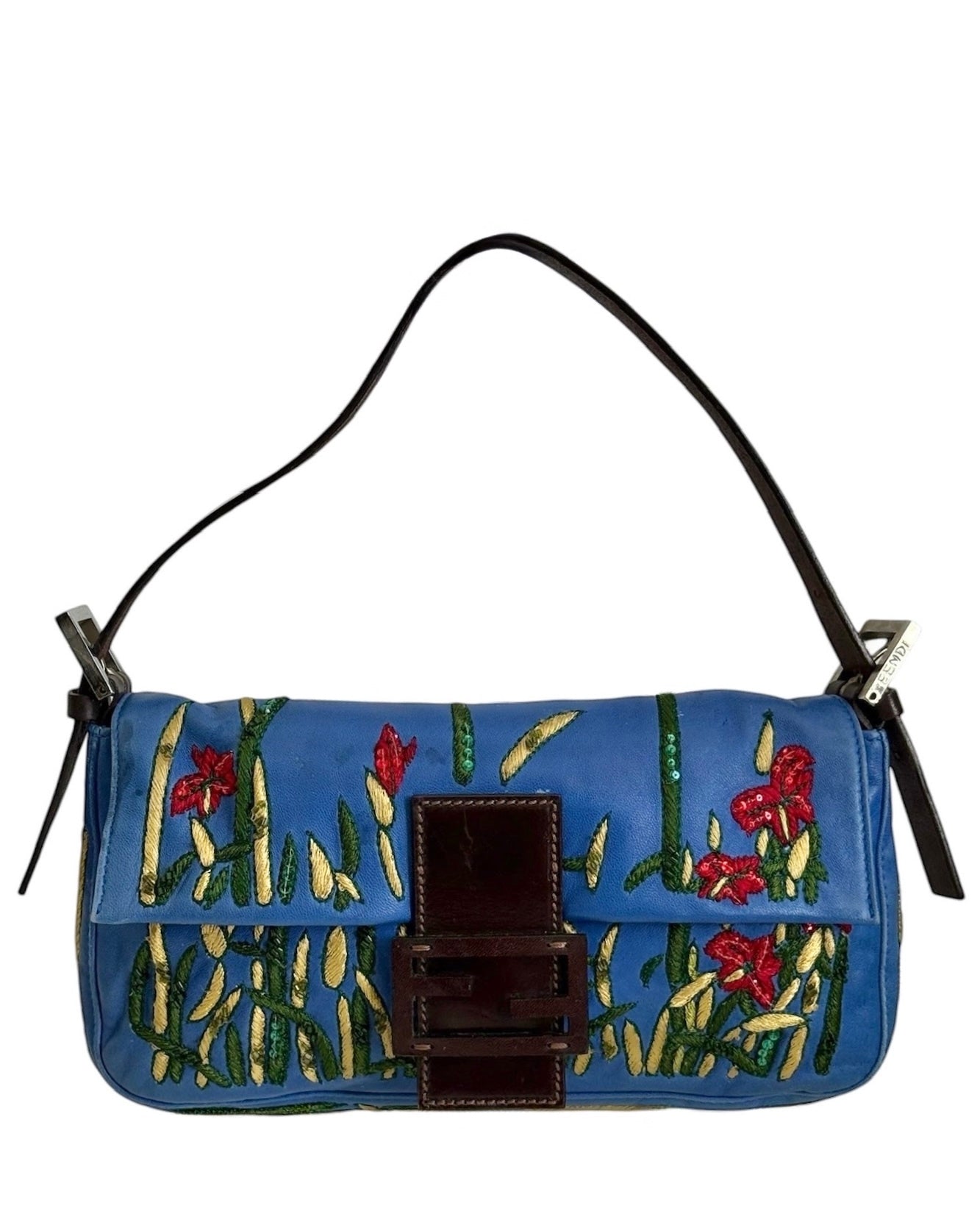 Fendi Vintage Blue Lambskin Floral Embroirdered Beaded Sequin Shoulder Baguette Bag 