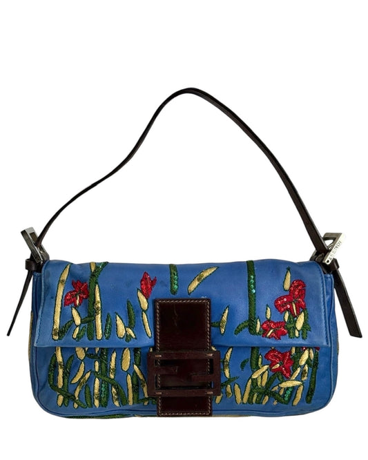 Fendi Vintage Blue Lambskin Floral Embroirdered Beaded Sequin Shoulder Baguette Bag 