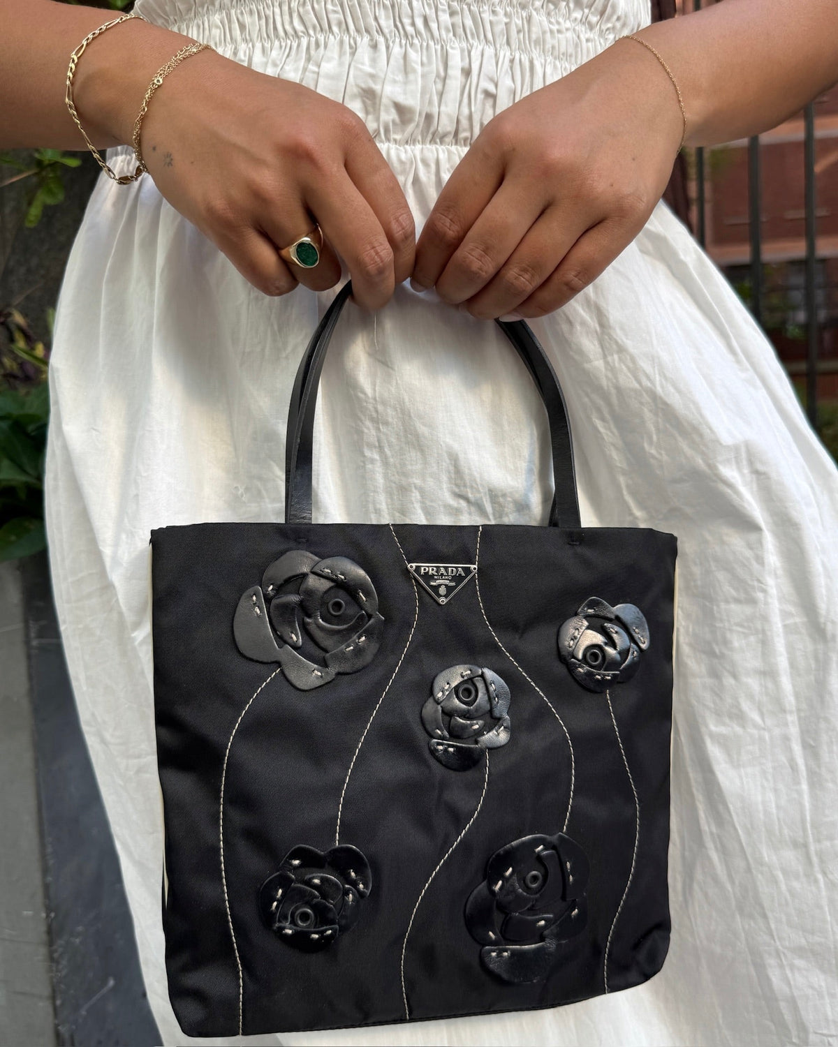 Prada Vintage Black Tessuto Nylon Leather Rosette Mini Top Handle Tote Bag