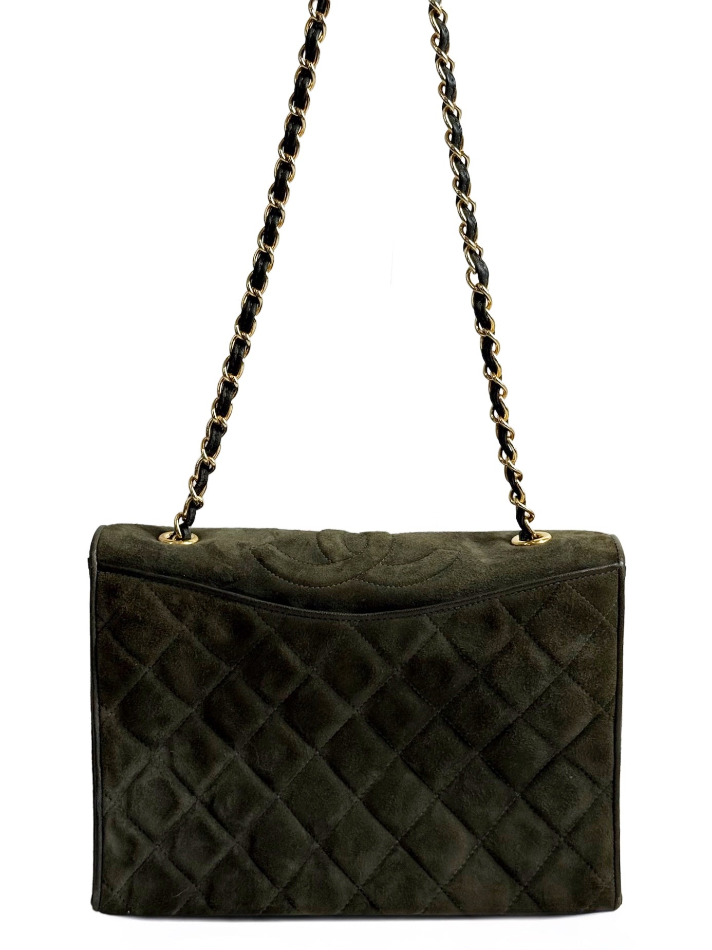 Chanel Vintage Green Quilted Quilted Suede CC Logo Full Flap Shoulder Bag w 24K GPHW