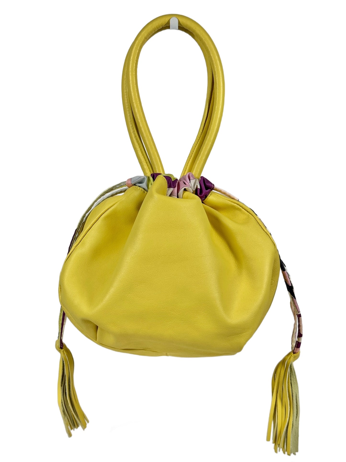 Emilio Pucci Yellow Leather Drawstring Tassel Silk Pattern Bag