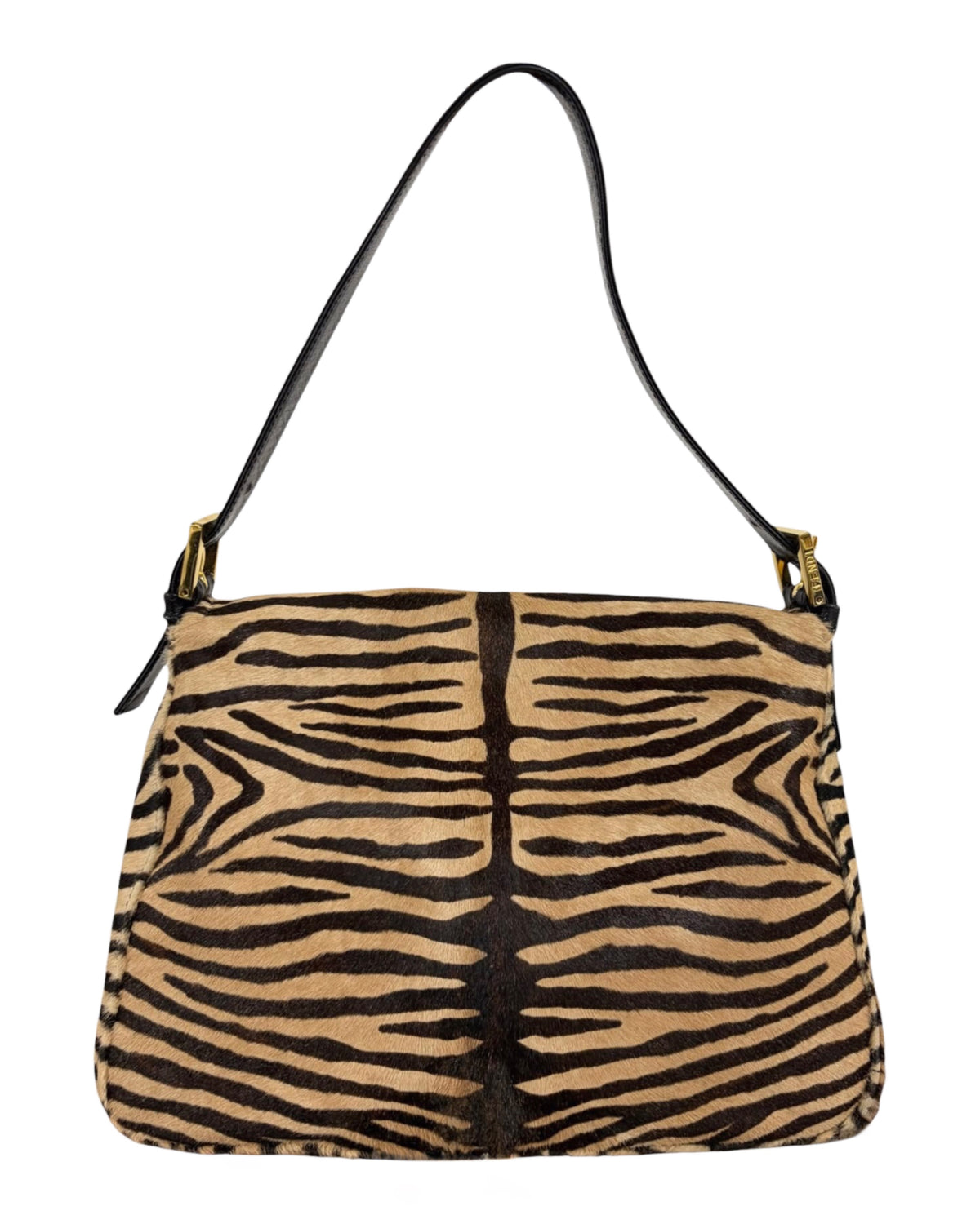 Fendi Vintage Beige Zebra Print Pony Hair Mamma Baguette Shoulder Bag with Red Enamel Trim