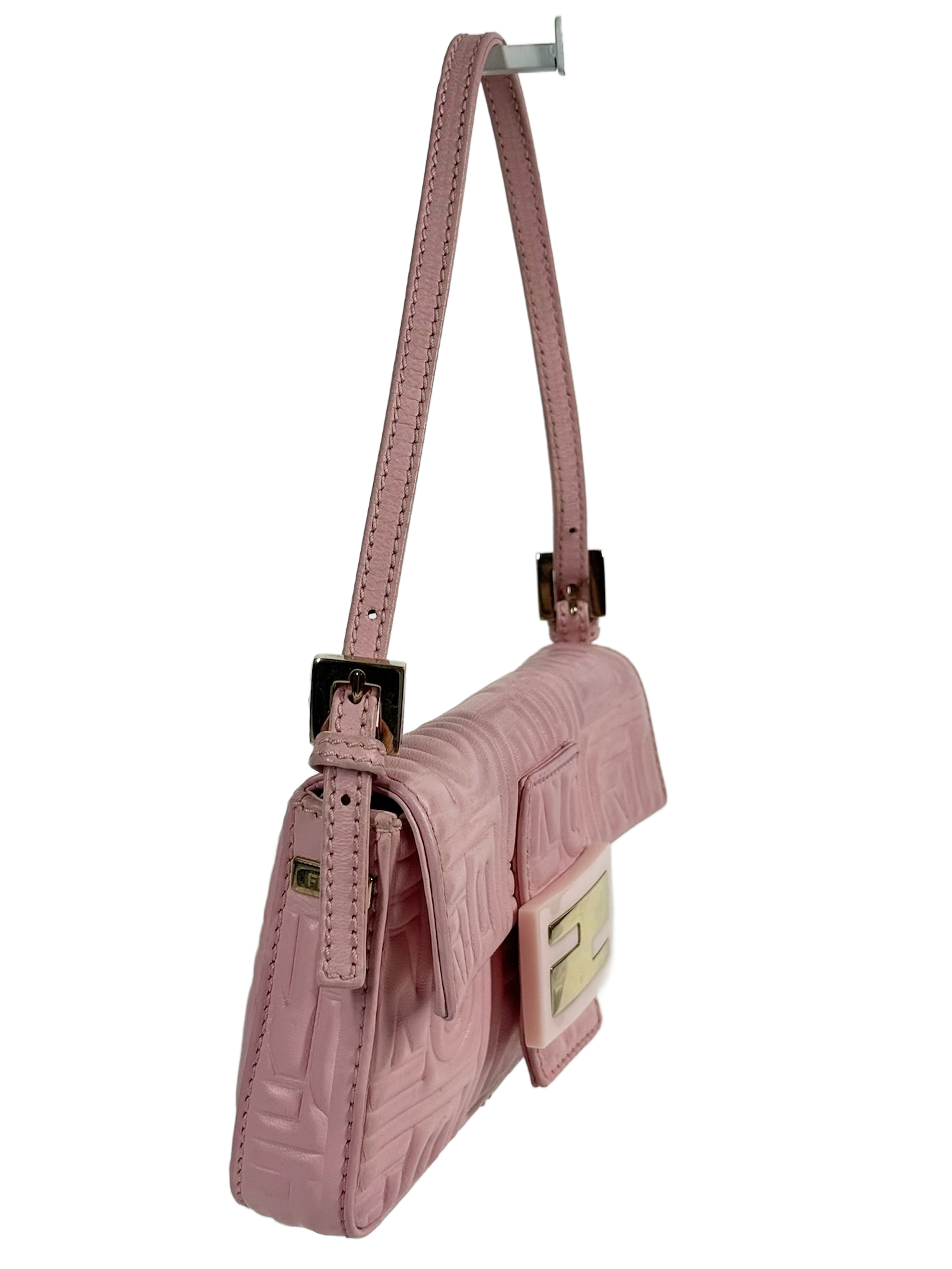 Fendi Pink Nappa Embossed Monogram Logo Leather Mini Baguette Bag