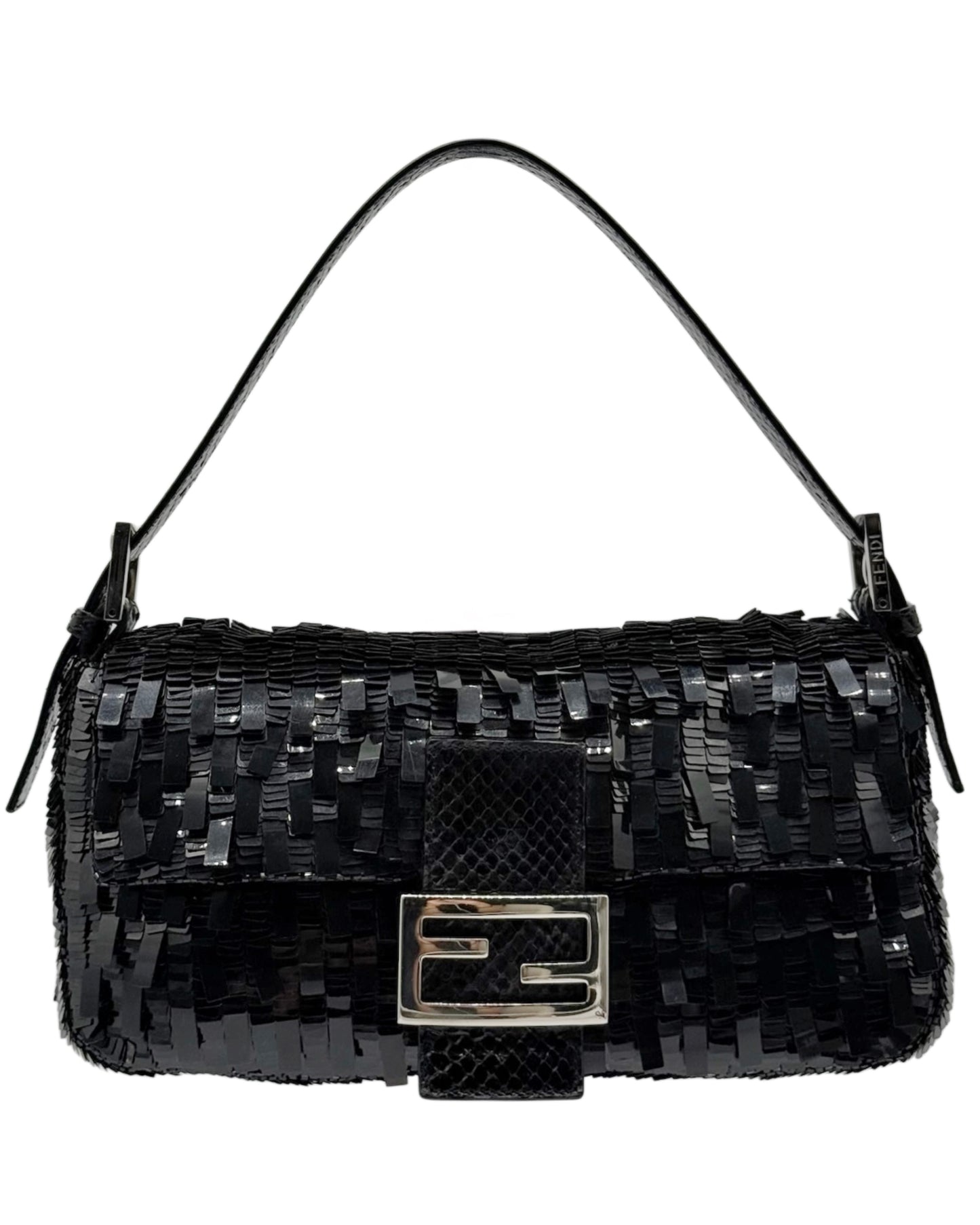 Fendi Vintage Black Palilettes Sequin & Beaded Shoulder Baguette Bag with Snakeskin Trim