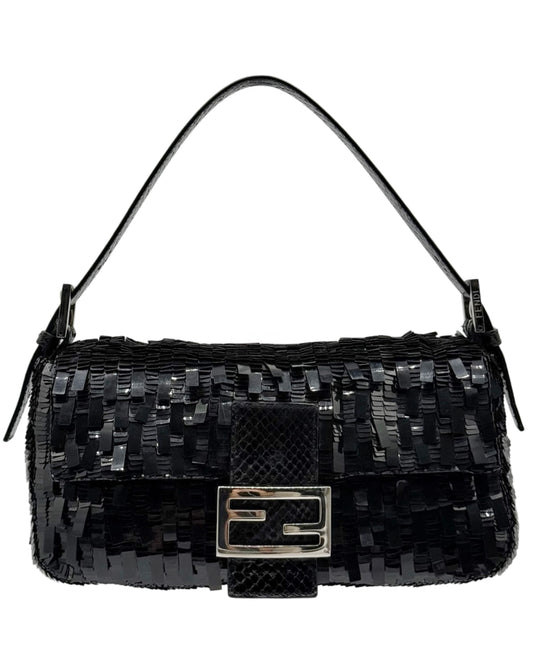 Fendi Vintage Black Palilettes Sequin & Beaded Shoulder Baguette Bag with Snakeskin Trim